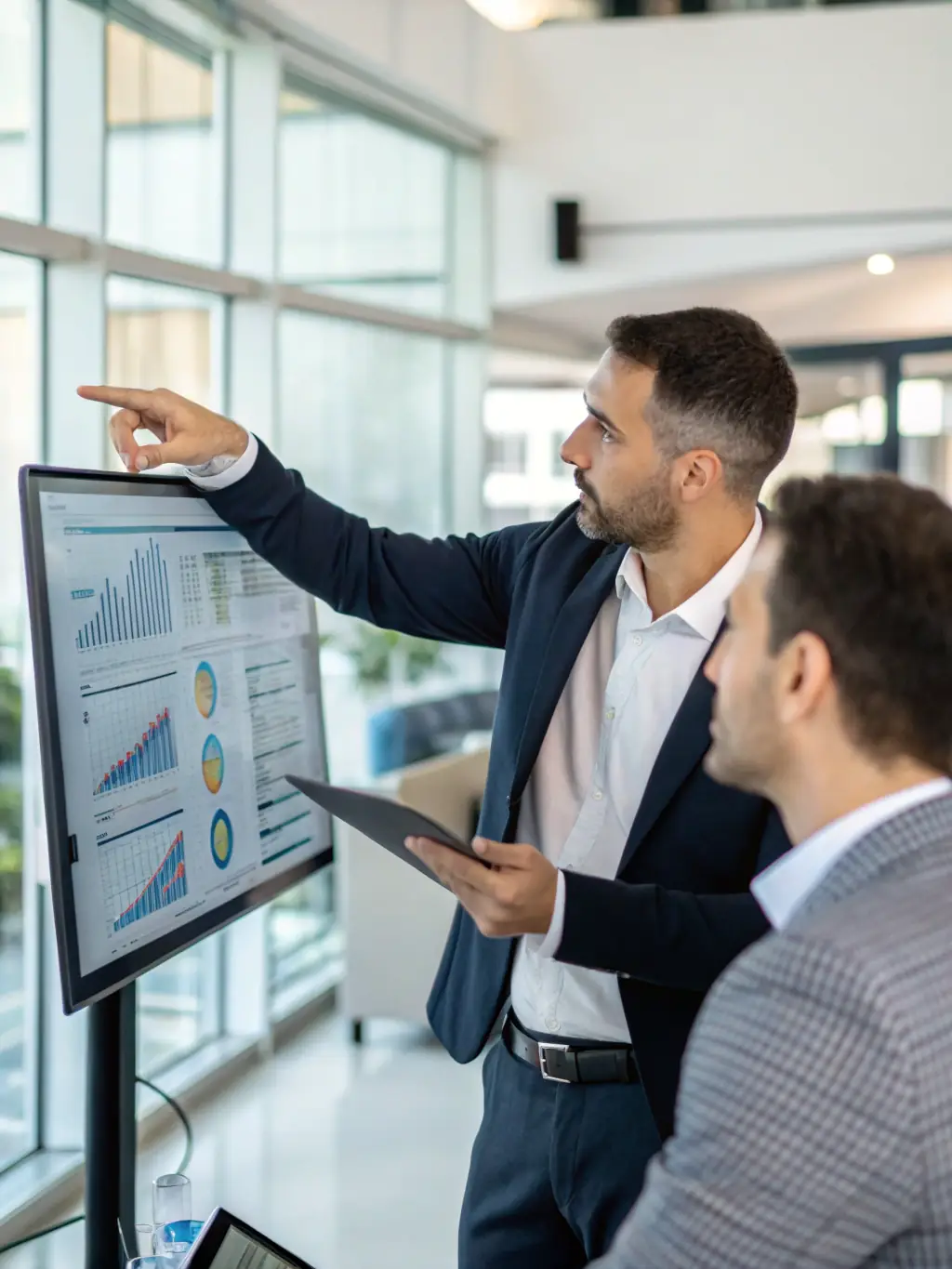 A photo of a Value Bridge Partners consultant presenting a comprehensive financial analysis report to a client, highlighting key insights and recommendations.