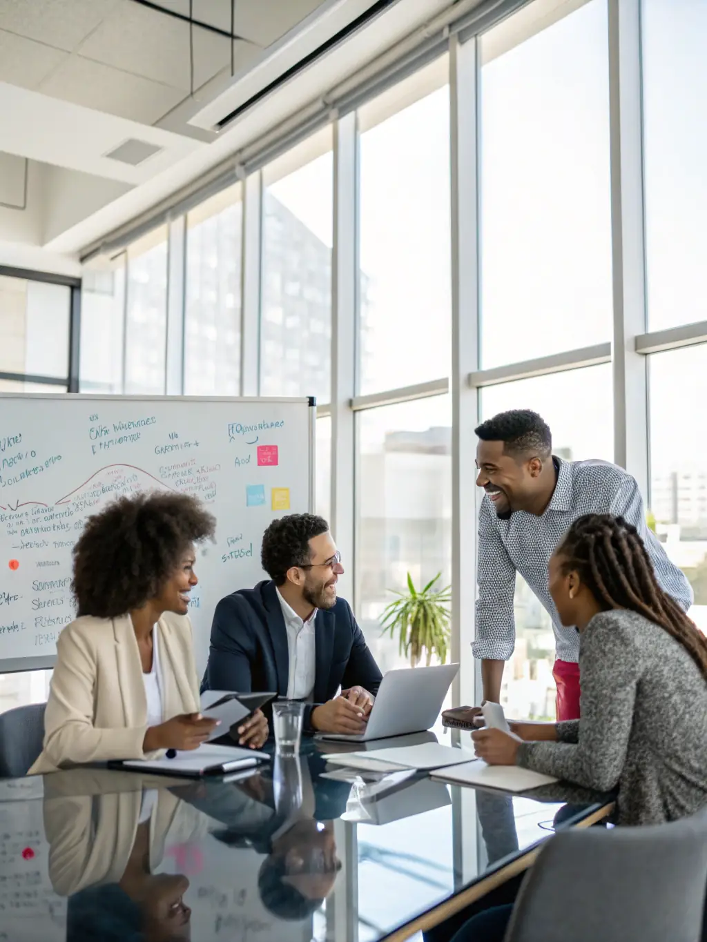 A professional photo of a Value Bridge Partners consultant leading a strategic planning session with a client team in a modern office setting, emphasizing collaboration and forward-thinking.