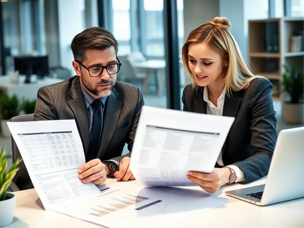 A professional business advisor is reviewing financial documents with a company owner in a modern office setting, symbolizing the meticulous preparation involved in exit readiness.