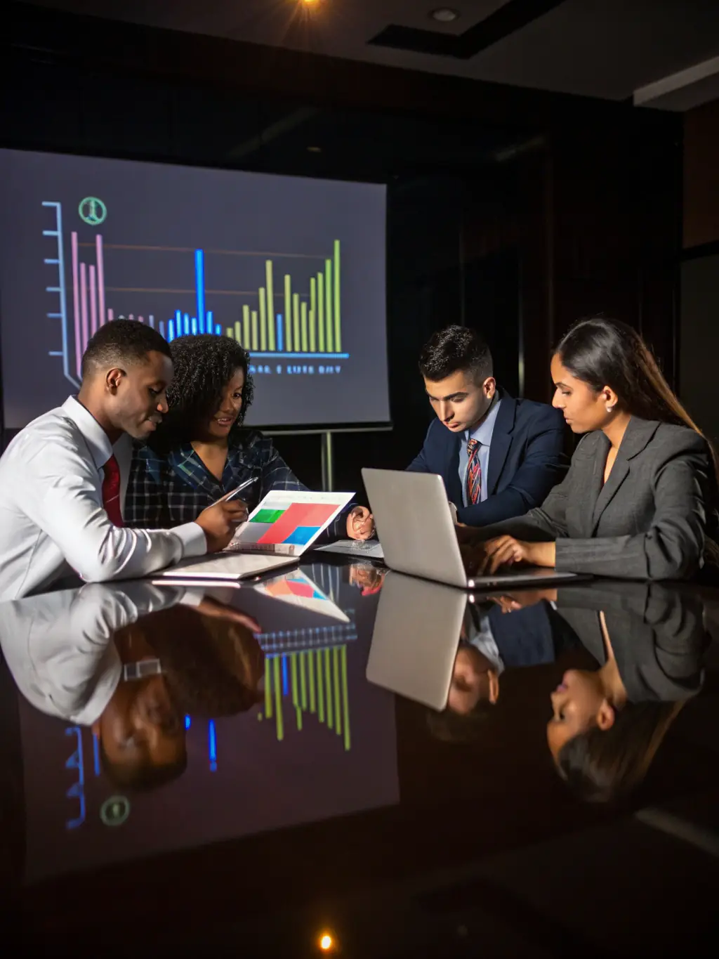 A professional photograph depicting a team of Value Bridge Partners consultants collaborating in a modern office setting, reviewing financial documents and discussing strategic growth plans.
